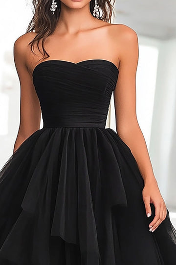 Black Ball Gown Strapless Tulle Tiered Long Formal Dress
